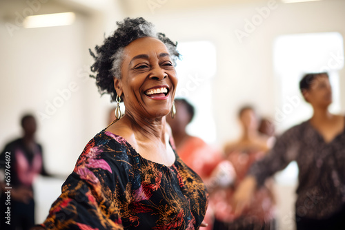 Happy senior retired black woman dancing during dance course photo