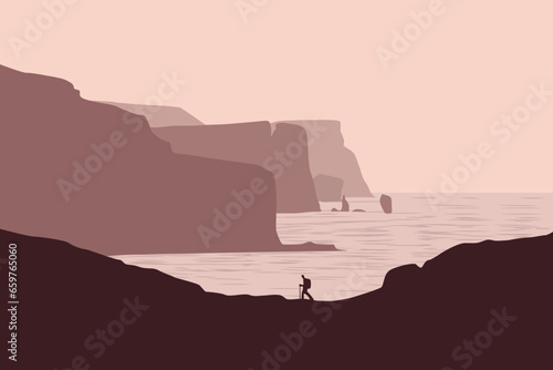 Landscape of cliffs and people near the beach. Vector illustration in flat style.