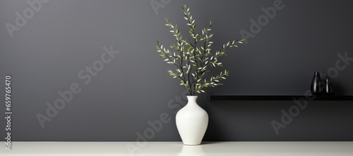 A wide-format background image featuring a white vase against a sleek dark gray wall, creating a contemporary and visually striking backdrop. Photorealistic illustration