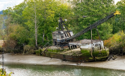 Derelict Crane Barge Aground in Snohomish County Slough photo