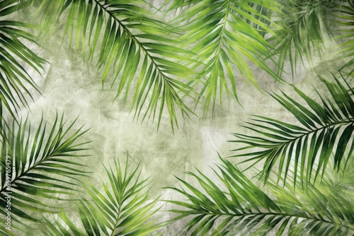 A banner offering space for customization  with lush palm leaves elegantly framing the edges  providing a natural and customizable backdrop. Photorealistic illustration