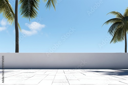 A background image for creative content showcasing an empty boardwalk against a clear blue sky with palm trees lining the scene, evoking a tropical ambiance. Photorealistic illustration