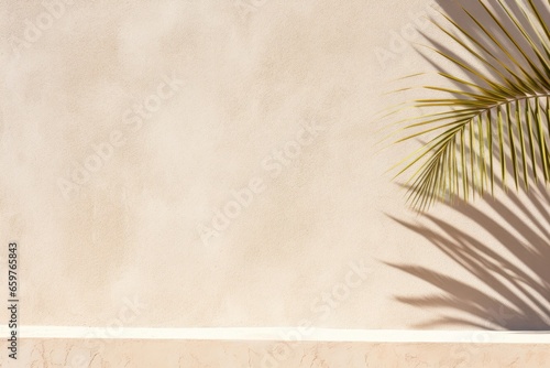 A wide-format customizable banner featuring green palm leaves casting a soft shadow against an empty wall  providing a versatile canvas. Photorealistic illustration
