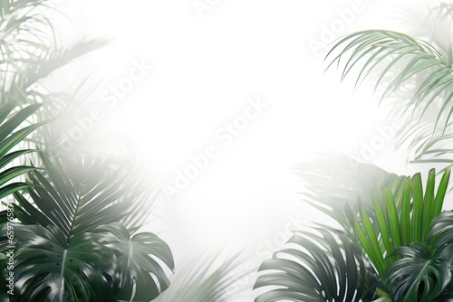 A customizable banner with space for customization, framed by lush green leaves, and bright sunlight streaming from above, providing an adaptable canvas. Photorealistic illustration © DIMENSIONS