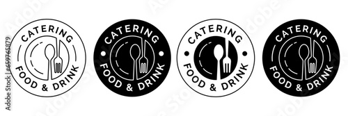Set menu catering, restaurant, spoon, fork, knife and plate icon set in line. Tableware Vector illustration