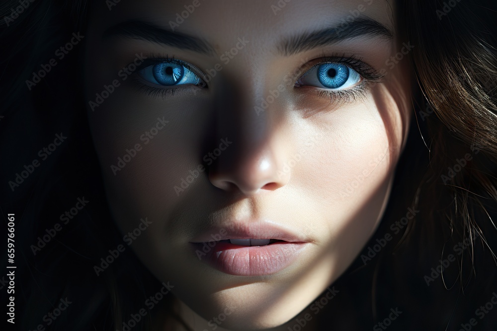 close-up of a caucasian woman with striking Blue eyes and pouty lips. Face of a beautiful caucasian woman close-up of a caucasian woman with striking Blue eyes and pouty lips. Face of a beautiful caucasian woman