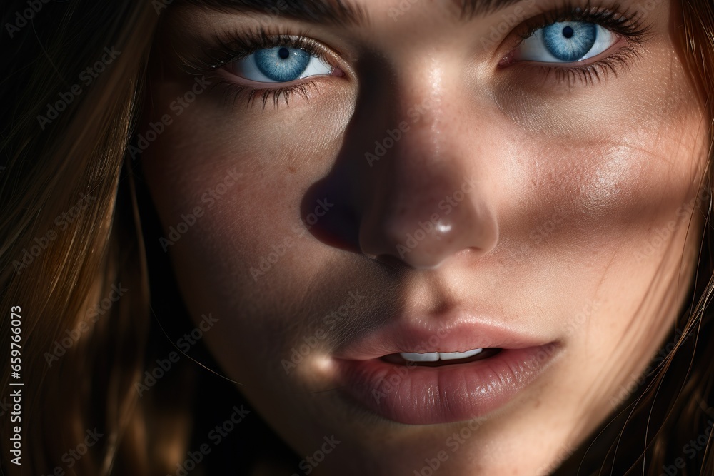  close-up of a caucasian woman with striking Blue eyes and pouty lips. Face of a beautiful caucasian woman