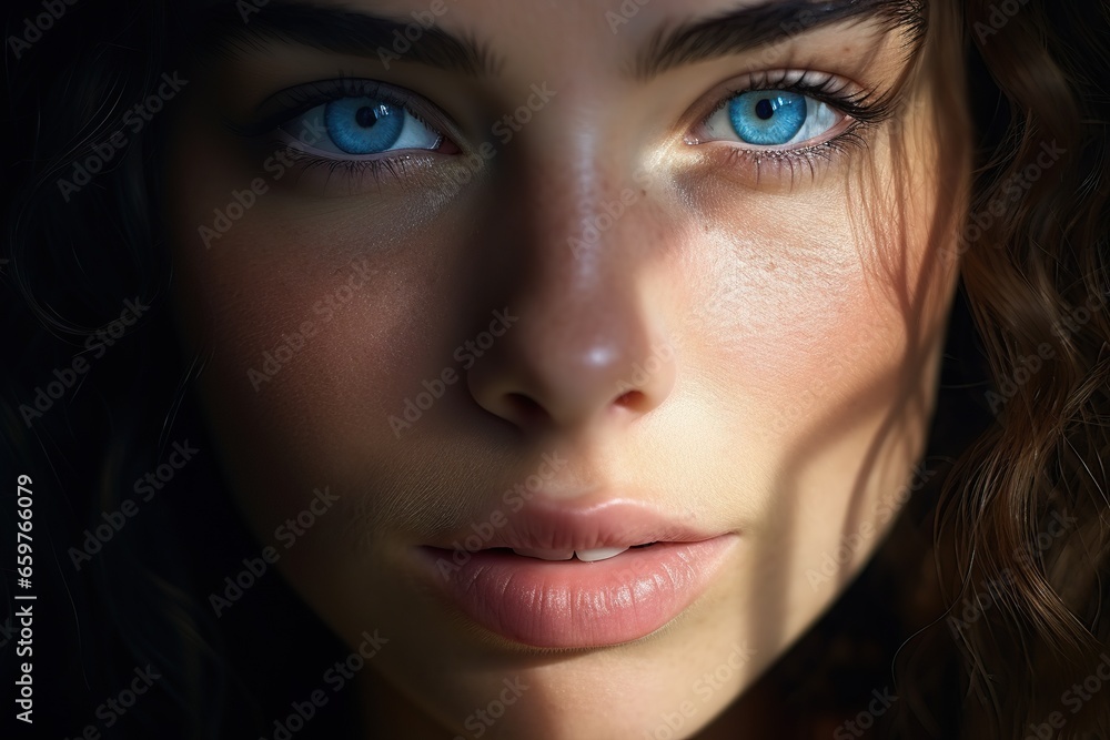 close-up of a caucasian woman with striking Blue eyes and pouty lips. Face of a beautiful caucasian woman close-up of a caucasian woman with striking Blue eyes and pouty lips. Face of a beautiful caucasian woman