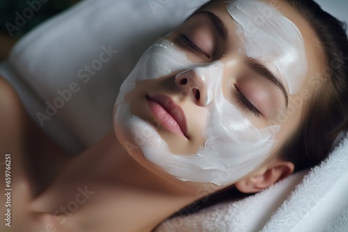 Women with eyes closed and white facial masks on their face in SPA, Face and body care, relaxation and mental health