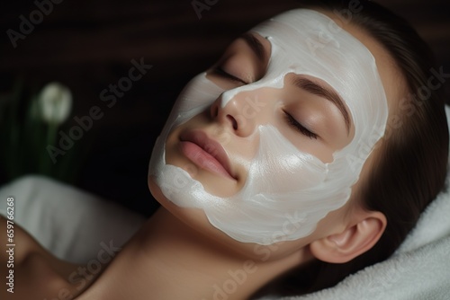Women with eyes closed and white facial masks on their face in SPA, Face and body care, relaxation and mental health
