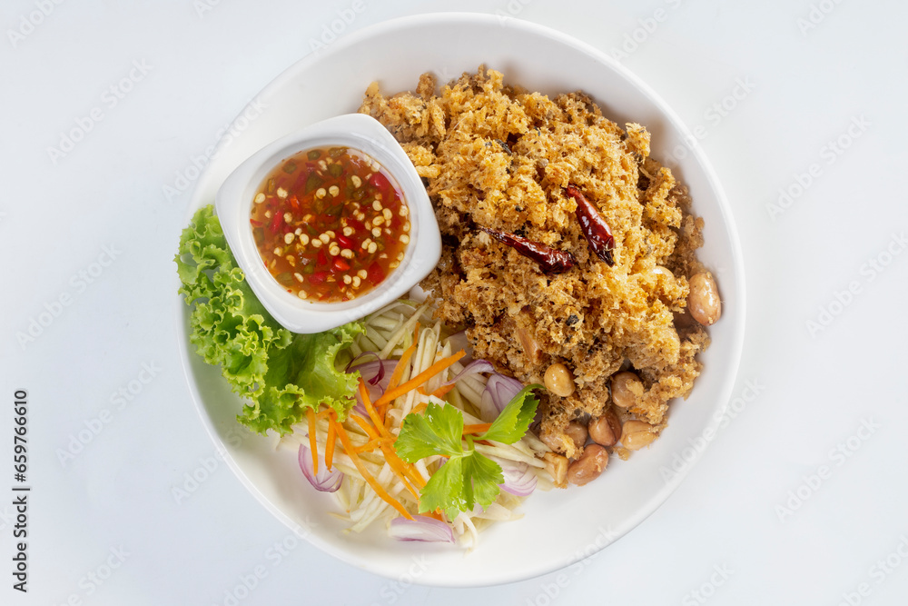 Crisp Catfish Flake Salad on white background Crisp Catfish Flake Salad on white background