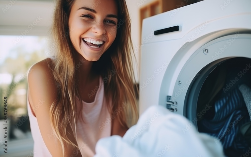 Young woman having fun and laughing while putting clothes in a washing machine Young woman having fun and laughing while putting clothes in a washing machine