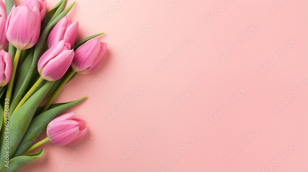 Bouquet of colorful tulip flowers, white wall, space for text, copy space
