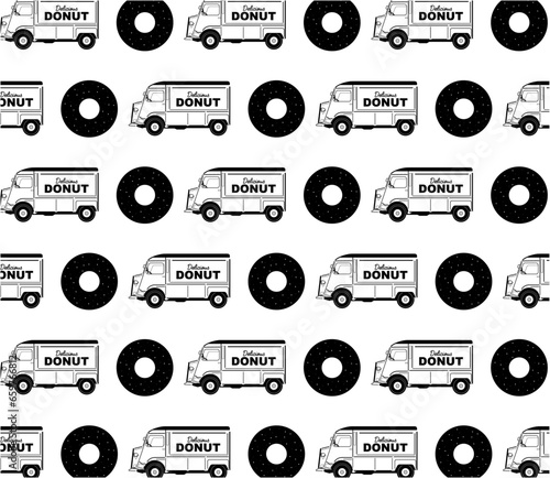 ドーナツとキッチンカーのイラストレーション素材です。パッケージや背景素材として最適です。