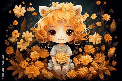 Cute little cartoon girl with autumn yellow flowers, dark background