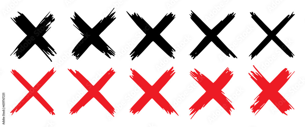 set of hand drawn wrong sign. red cross vector icon