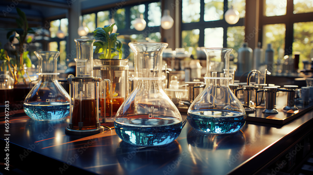 Multi-colored glass flasks and flasks with chemical test tubes in a scientific medical microbiological laboratory with research equipment