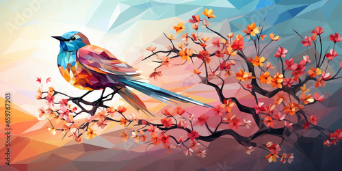 Colorful low poly art of a bird and flowers background.