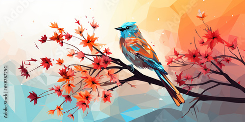 Colorful low poly art of a bird and flowers background. © BK_graphic