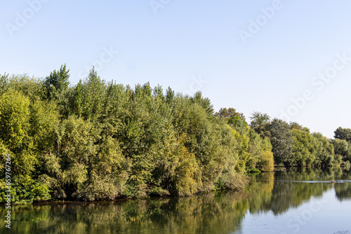 Landscape with river  trees and blue sky