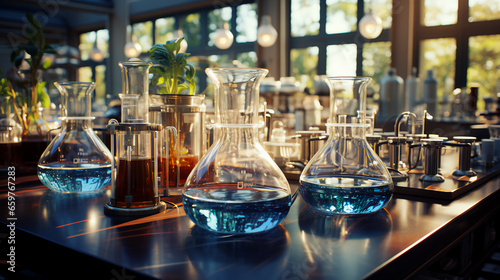 Multi-colored glass flasks and flasks with chemical test tubes in a scientific medical microbiological laboratory with research equipment © Aliaksandra