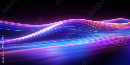 Abstract background with purple and blue glowing neon moving high speed line and wave and bokeh lights horizontal to vertical. Data transfer concept, reflect on the floor.