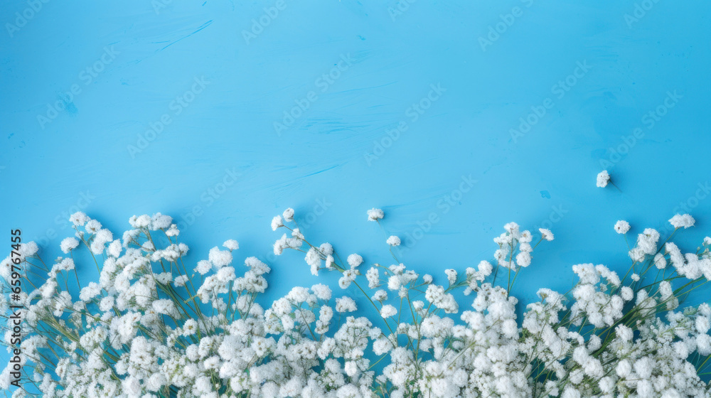 Fototapeta premium White flowers on blue background, top view