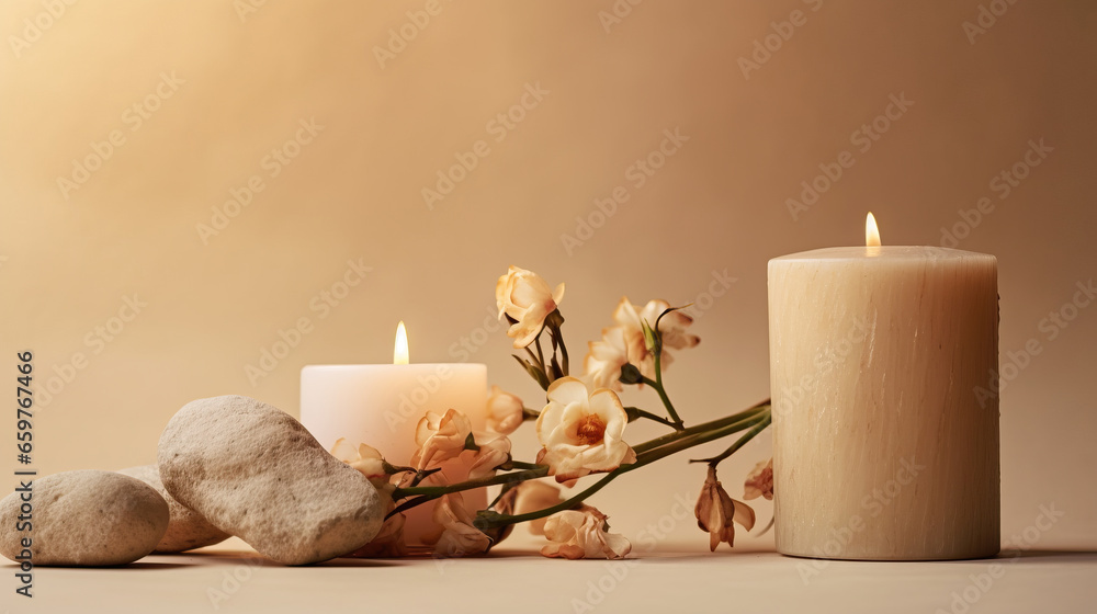 Burning candle on beige background. Warm aesthetic composition with stones and dry flowers. Home comfort, spa, relax and wellness concept. Interior decoration - obrazy, fototapety, plakaty 