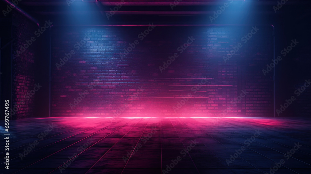 Dark atmospheric room illuminated with neon pink and blue light