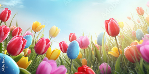 Happy Easter background with tulips and decorative eggs