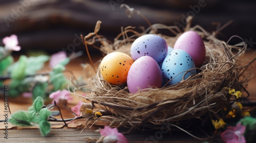 Multi-colored Easter eggs in a nest.
