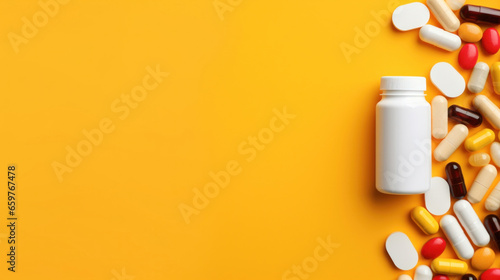 Multicolored tablets and capsules with bottle on a yellow background, top view photo