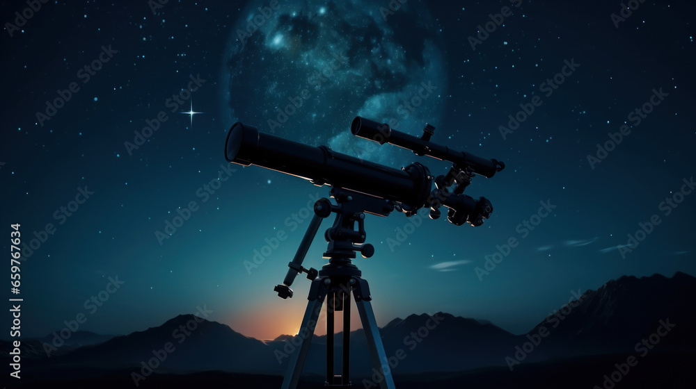 Telescope silhouette against the starry sky Telescope silhouette against the starry sky
