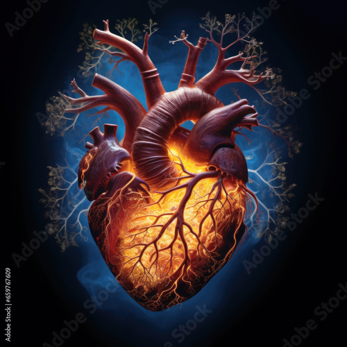 Colorful fantasy illustration of a human heart on a dark background