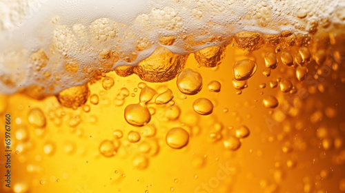 Foam and golden beer close-up with a clear glass photo