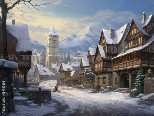 Detailed Medieval Village in Winter