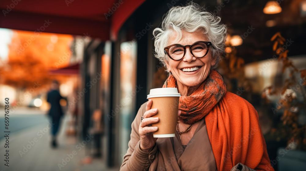 A positive, cheerful older woman walks along the streets of an autumn city with a paper cup of a hot coffee drink A positive, cheerful older woman walks along the streets of an autumn city with a paper cup of a hot coffee drink