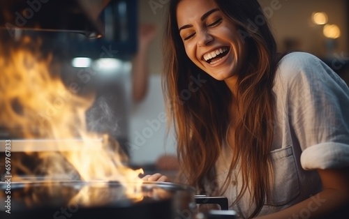 Young woman having fun and laughing while cooking a dinner