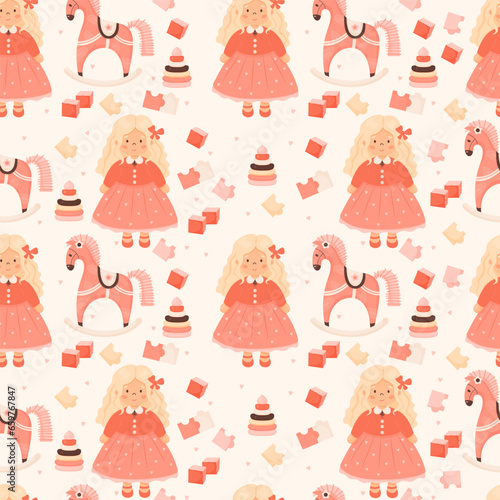 Kids seamless pattern. Children doll toys. Cute girl blonde with curly long hair, rocking horse, puzzles, cubes and pyramid on light background. Vector illustration in cartoon style pastel colors