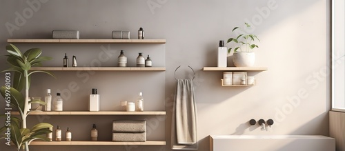 Indoor bathroom shelving with toiletries near a light colored wall photo