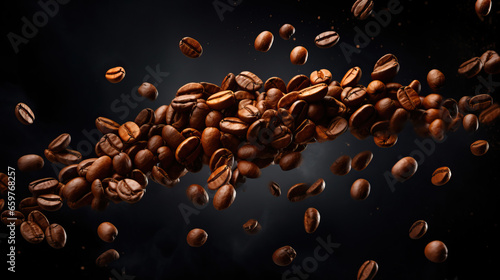 Coffee beans flying in the air on a dark background