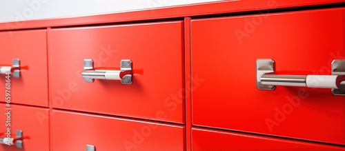 Installing furniture and assembling business using red facades with metal loops on a white background for chest of drawers