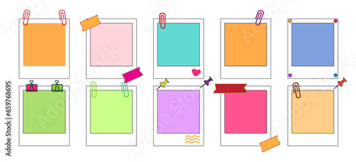 set of cartoon Art empty photo frames. colorful mockup with pins and sticky tape. vector