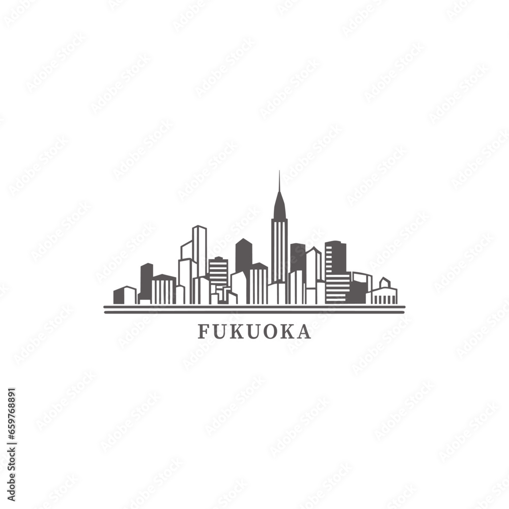 Obraz premium Japan Fukuoka cityscape skyline city panorama vector flat modern logo icon. Asian emblem idea with landmarks and building silhouettes. Isolated thin line graphic