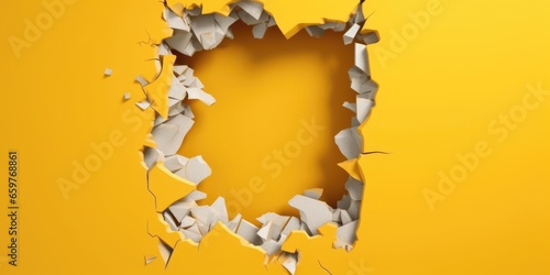 Breaking out of a hole in solid Yellow wall  torn hole  empty copy space frame  mockup. Generative AI image weber.