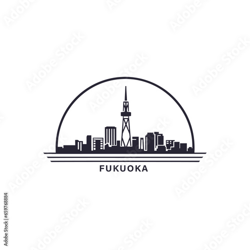 Japan Fukuoka cityscape skyline city panorama vector flat modern logo icon. Asian emblem idea with landmarks and building silhouettes. Isolated thin line graphic