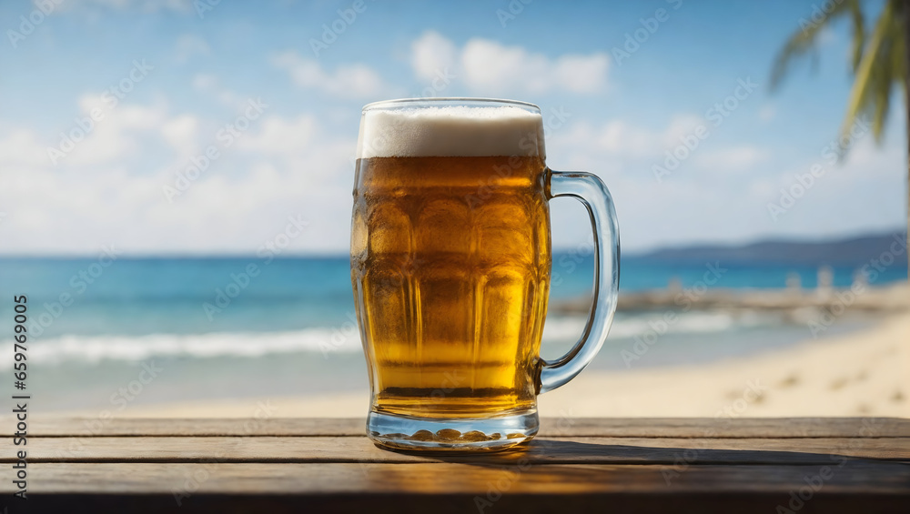 glass of beer on beach glass of beer on beach