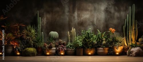 Indoor concept with potted cacti and plants close up under lights