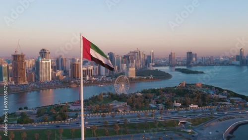 Aerial view of the Flag of the UAE, The national symbol of United Arab Emirates photo