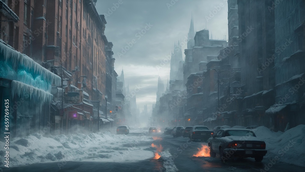 A frozen street in the city . result of global warming and climate change - obrazy, fototapety, plakaty 